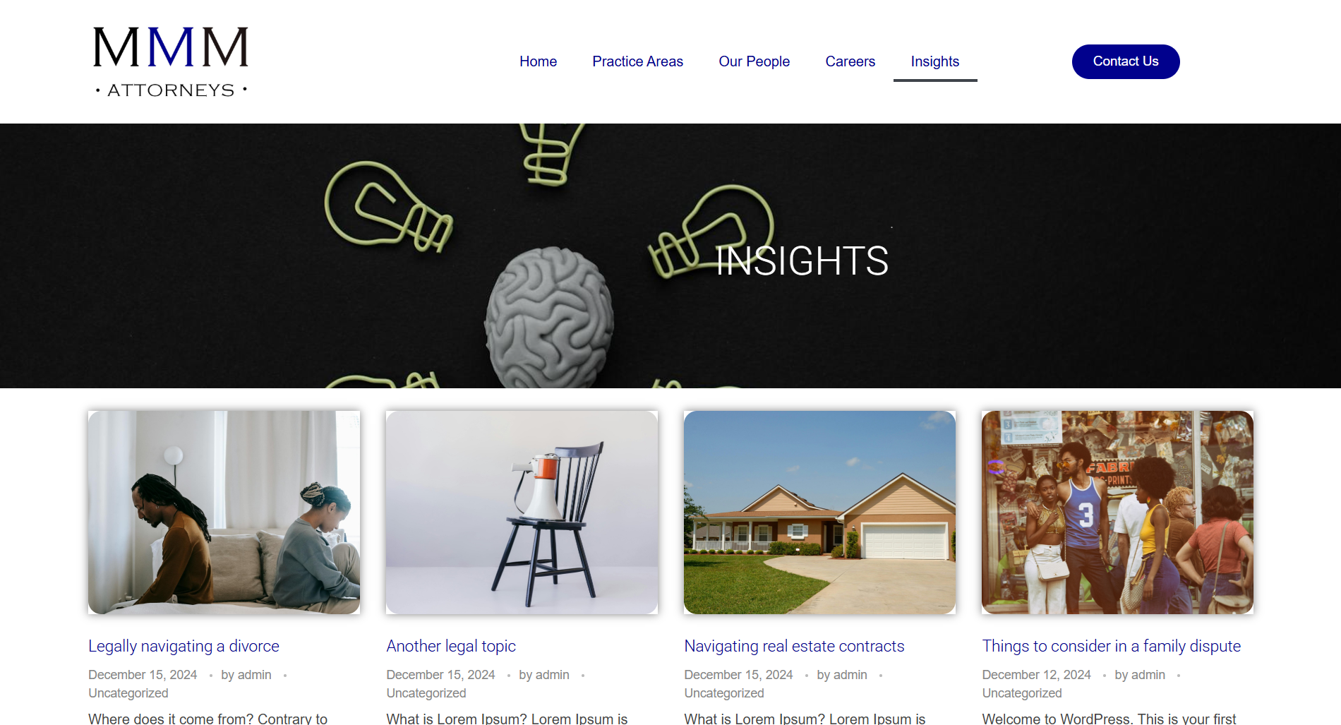 Screenshot displaying the "Insights" page on the MMM Attorneys website.