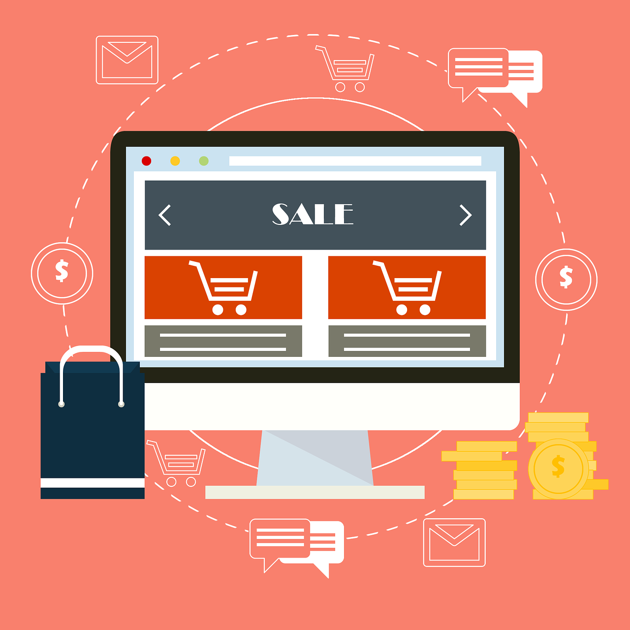 "An illustrated computer screen displaying an 'E-commerce' shop with 'SALE' text, surrounded by icons like shopping carts, money, and chat bubbles."